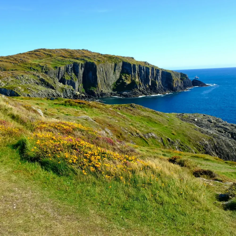 Vibrant coastal landscape of cliffs and ocean in Baltimore, Ireland.