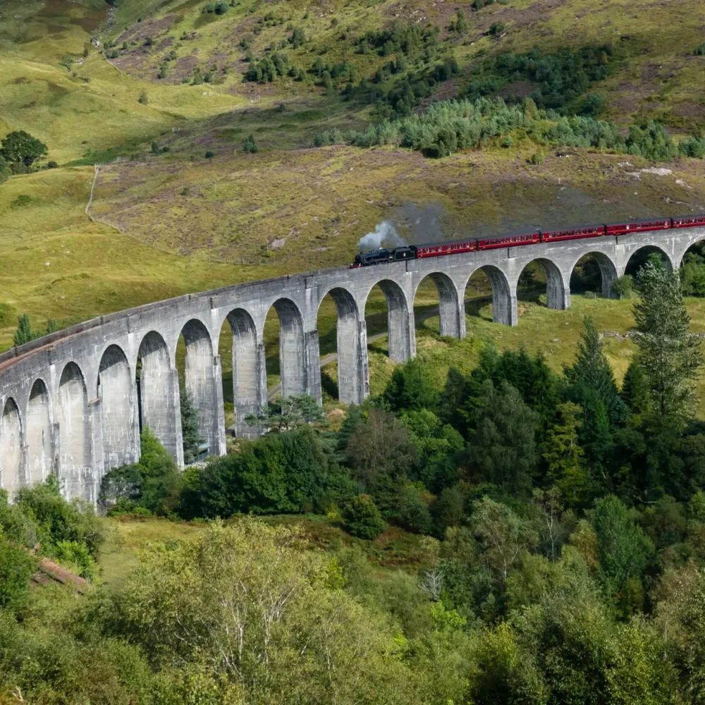 Stunning view of a steam train crossing Glenfinnan Viaduct in Scotland's countryside.